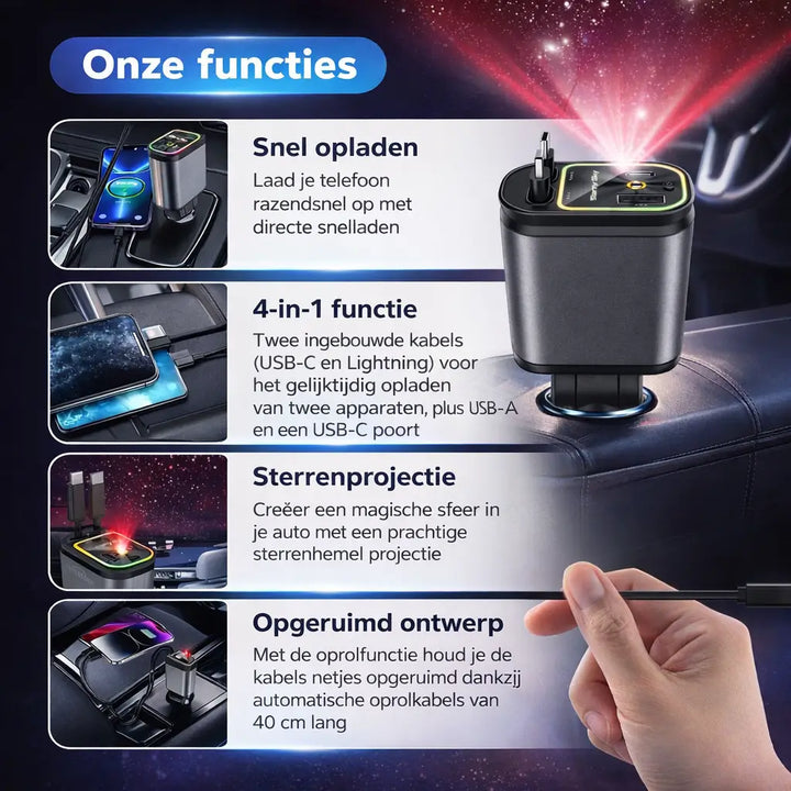Meraldo™ ChargeStar – 4-in-1 autolader met sterrenhemel-licht